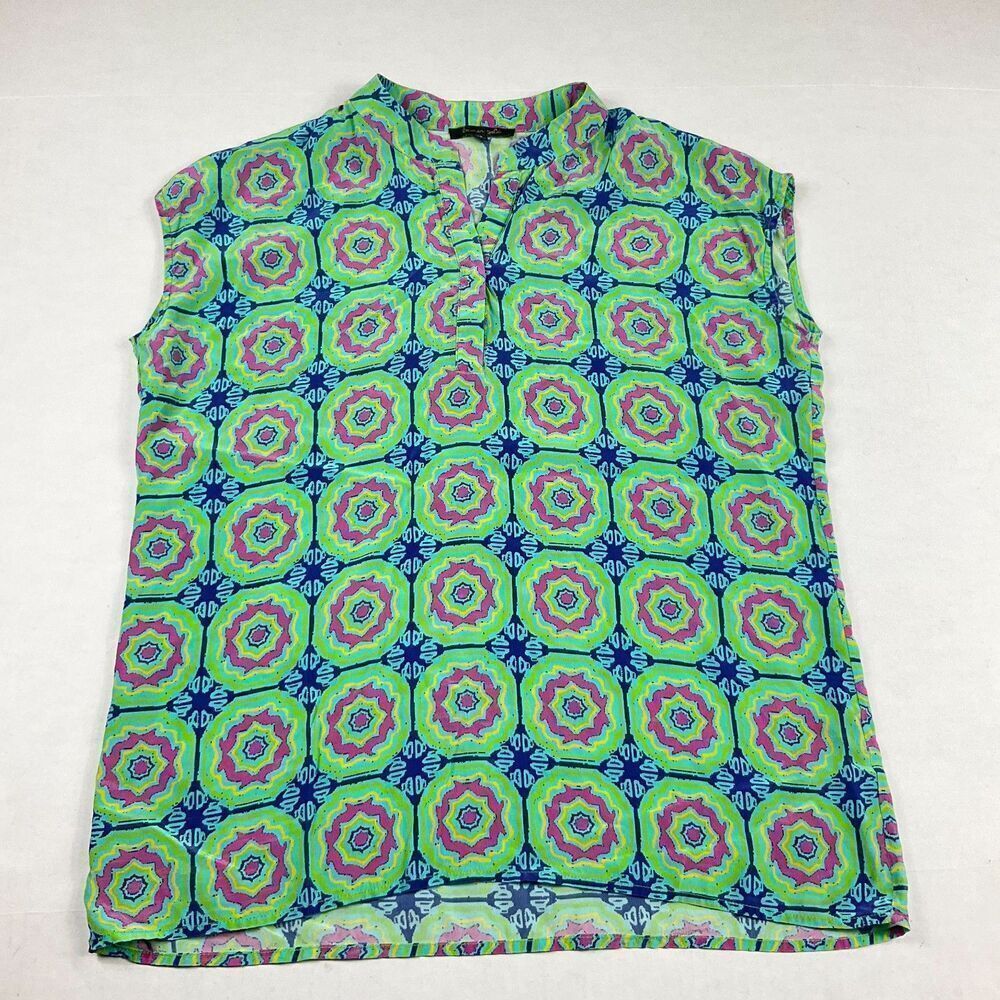 Lauren Gold Silk Sleeveless Blouse Vibrant Geometric Colorful Top V-Neck XS